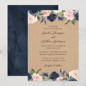 Rustig Navy Roze Elegant Botanisch Bloem Bruiloft Kaart (Voorkant / Achterkant)