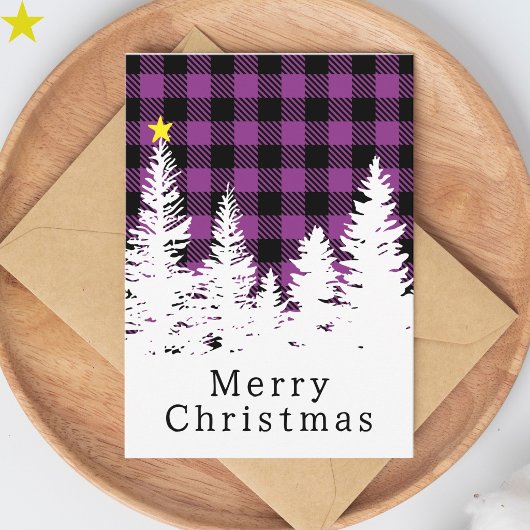 Rustig Paars Buffalo Plaid Bos Kerstmis Kaart