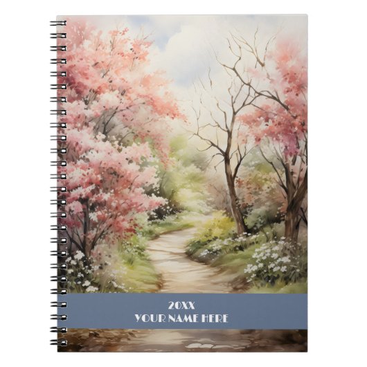 Rustig pad door roze bos notitieboek (Voorkant)
