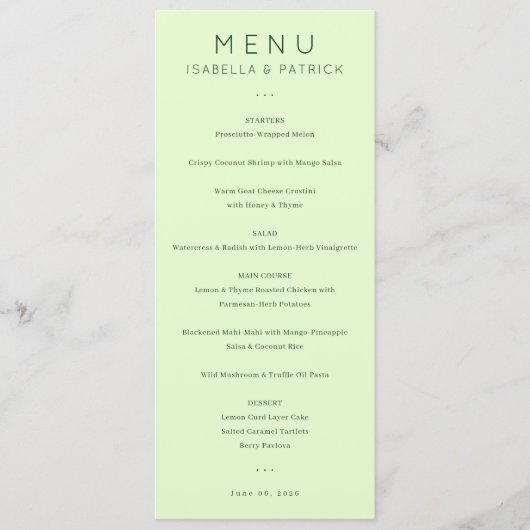 Rustig Pastelgroen Minimalistisch Trouwmenu Menu (Voorkant)
