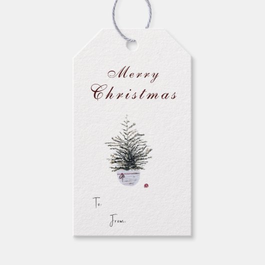 Rustig Prettig Kerstmis Aquarel Boom Vakantie Cadeaulabel (Voorkant)
