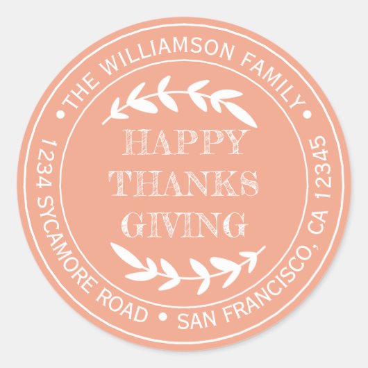 Rustig Prettig Thanksgiving Retouradres Oranje Ronde Sticker (Voorkant)