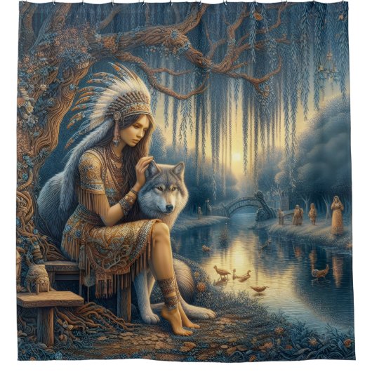 Rustig riviermoment met een wolf douchegordijn (Voorkant)