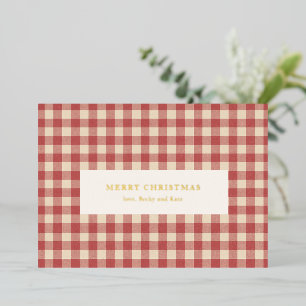 Rustig Rood Gingham Modern Kerstmis Folie Feestdagenkaart