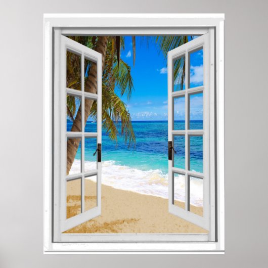 Rustig strand Oceaun uitzicht nep raam Poster (Voorkant)
