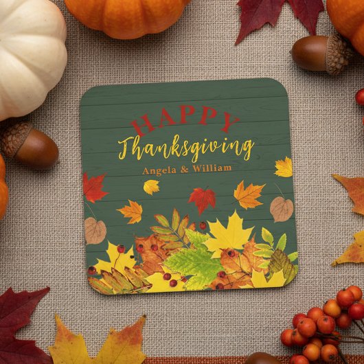 Rustig Teal Hout Herfstbladeren Thanksgiving-diner Kartonnen Onderzetters