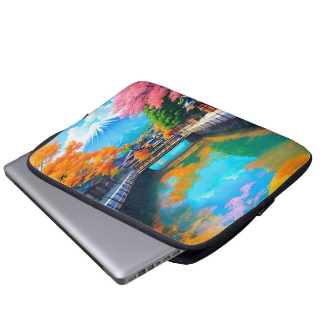 Rustig Water: Mt. Fuji's Weerspiegeling Laptop Sleeve (Voorkant onderkant)