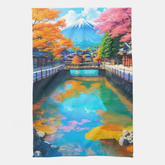 Rustig Water: Mt. Fuji's Weerspiegeling Theedoek (Verticaal)