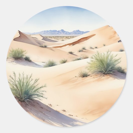 Rustig woestijnlandschap met zachte duinen ronde sticker (Voorkant)