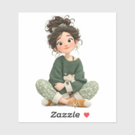 Rustig Zittend Meisje & Kat – Premium Kunststicker Sticker