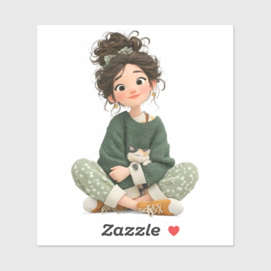 Rustig Zittend Meisje & Kat – Premium Kunststicker Sticker (Vel)