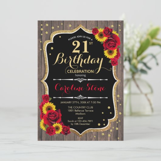 Rustige 21e Verjaardag - Rozen Zonnebloemen Hout Kaart (Staand voorkant)
