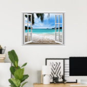 Rustige 3D zee- en strandgezicht uit het raam Poster (Thuiskantoor)
