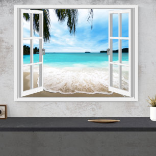Rustige 3D zee- en strandgezicht uit het raam Poster