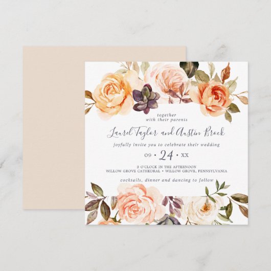 Rustige Aarde Florals Square Wedding Kaart (Voorkant / Achterkant)