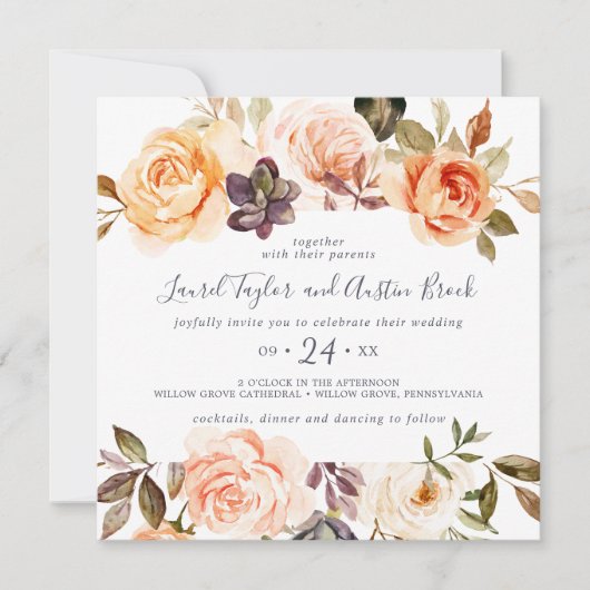 Rustige Aarde Florals Square Wedding Kaart (Voorkant)