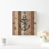 Rustige Aarde Tone Wood Nautical Stripes & Anchor Vierkante Klok (Huis)