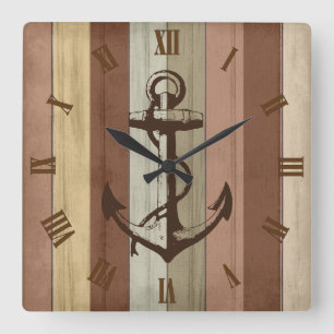 Rustige Aarde Tone Wood Nautical Stripes & Anchor Vierkante Klok