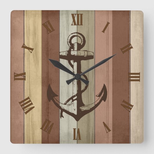 Rustige Aarde Tone Wood Nautical Stripes & Anchor Vierkante Klok (Voorkant)