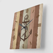Rustige Aarde Tone Wood Nautical Stripes & Anchor Vierkante Klok (Hoek)