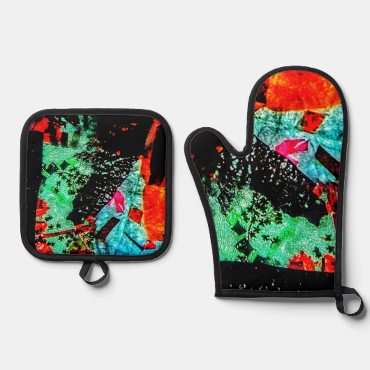 Rustige abstracte pannenhouder en ovenhandschoen, ovenwant & pannenlap set (Voorkant)