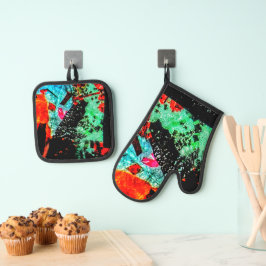 Rustige abstracte pannenhouder en ovenhandschoen,  ovenwant & pannenlap set