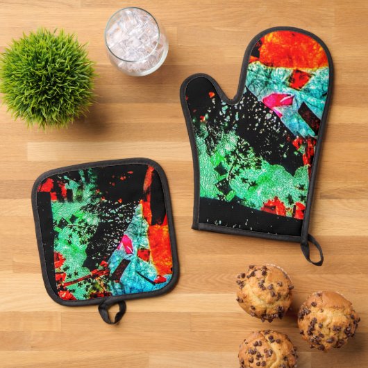 Rustige abstracte pannenhouder en ovenhandschoen,  ovenwant & pannenlap set (Top down)