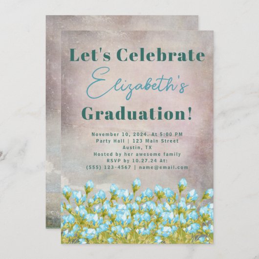 Rustige Afstuderen Blue Waterverf Flowers Kaart (Voorkant / Achterkant)