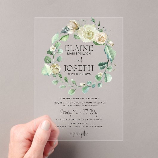 Rustige Airy Botanical Neutral Floral Wedding Acryl Uitnodigingen (Insitu (Draagbaar))