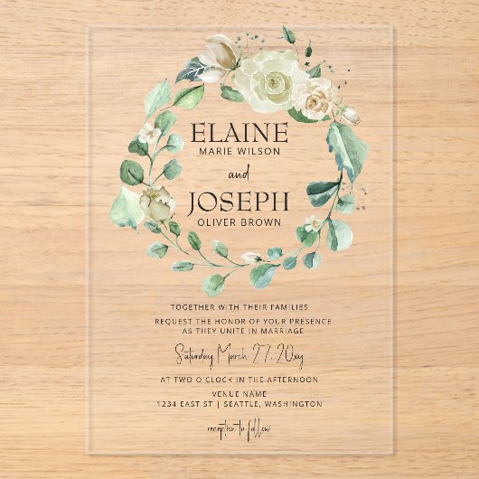 Rustige Airy Botanical Neutral Floral Wedding Acryl Uitnodigingen (Voorkant)