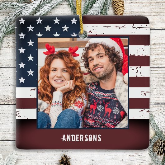 Rustige Amerikaanse vlag Aangepast 2 Fotopatriotti Keramisch Ornament