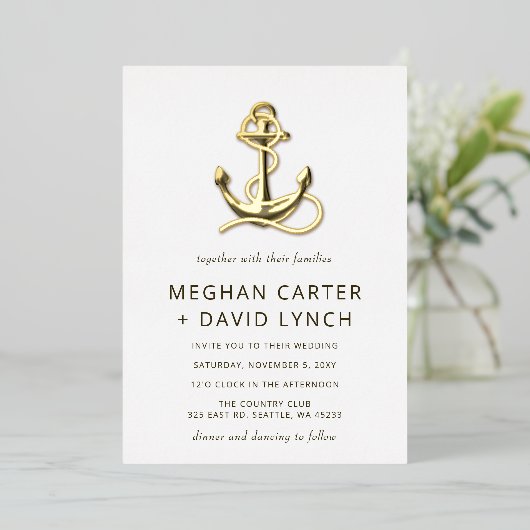 Rustige  Anchor Nautical Wedding Folie Uitnodiging (Staand Voorkant)