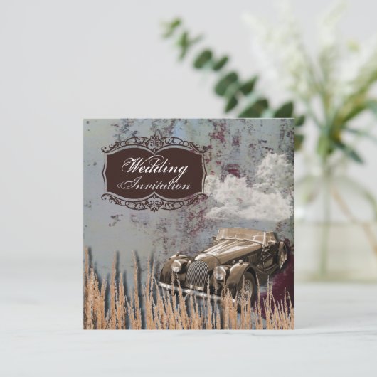Rustige antiek auto western land bruiloft kaart (Staand voorkant)