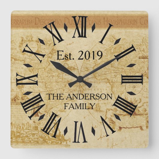 Rustige Antiek Wereldkaart - Aangepast Vierkante Klok (Voorkant)