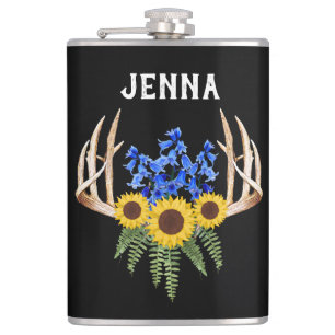 Rustige Antlers Blauwbellen en Zonnebloemen Heupfles