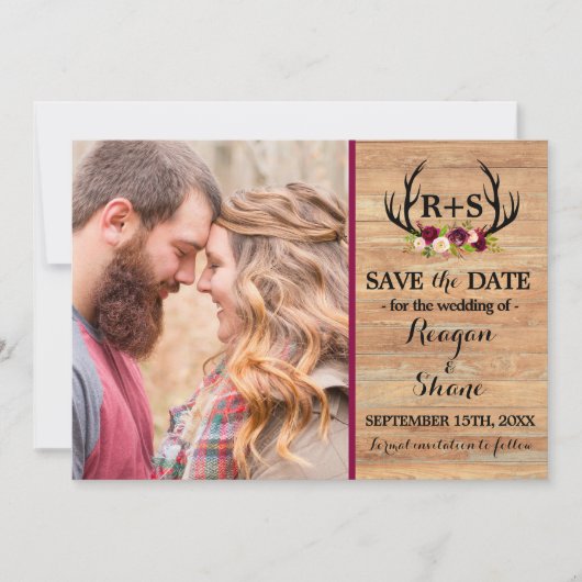 Rustige Antlers Floral Burgundy Wood bespaart datu Save The Date (Voorkant)