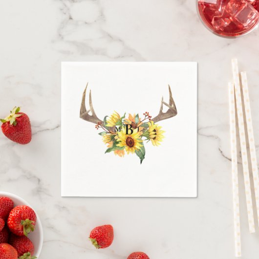Rustige Antlers Sunflower Monogram Wedding Cocktai Servet (Insitu)