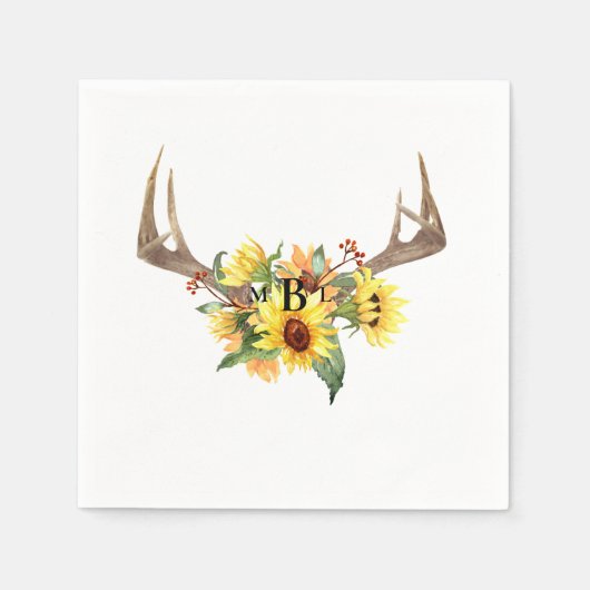 Rustige Antlers Sunflower Monogram Wedding Cocktai Servet (Voorkant)
