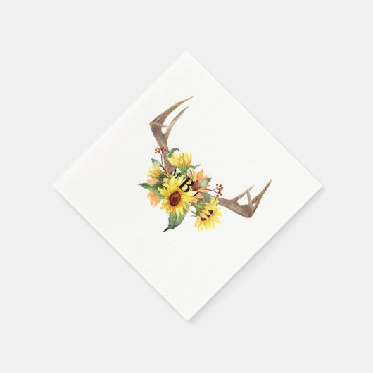 Rustige Antlers Sunflower Monogram Wedding Cocktai Servet (Hoek)