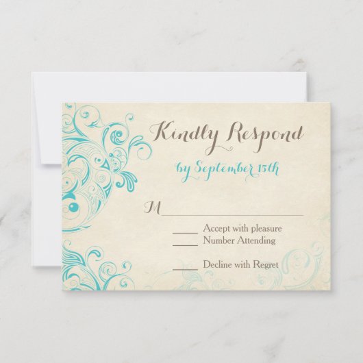 Rustige  Aqua Vlourish Wedding RSVP-kaarten RSVP Kaartje (Voorkant)