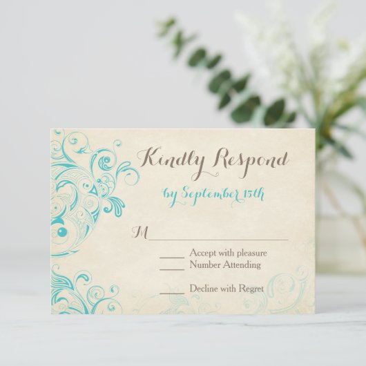 Rustige  Aqua Vlourish Wedding RSVP-kaarten RSVP Kaartje (Staand voorkant)