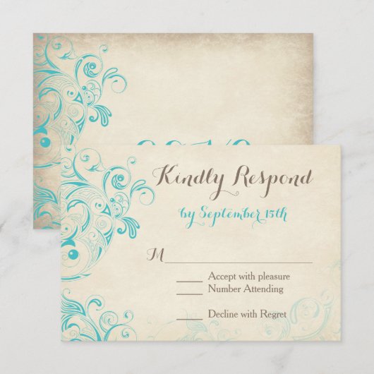 Rustige  Aqua Vlourish Wedding RSVP-kaarten RSVP Kaartje (Voorkant / Achterkant)