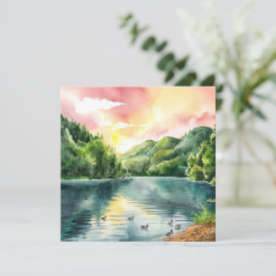 Rustige Aquarel Berg Rivier Zonsopgang 