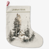 Rustige Aquarel Winter Landhuis Grote Kerstsok (Voorkant)