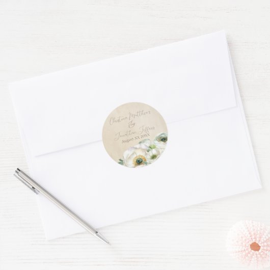 Rustige Aquarel Witte Ranunculus Ronde Sticker (Envelop)