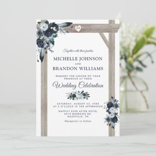Rustige Arch Dusty Blue Floral Wedding Kaart (Staand voorkant)
