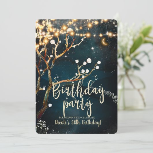 Rustige avond bomen lampjes Starry Birthday Party Kaart (Staand voorkant)