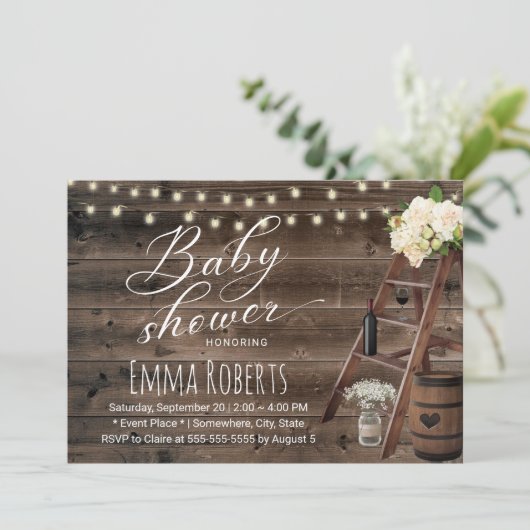 Rustige Baby shower met wijnloop en houten ladder Kaart (Staand voorkant)