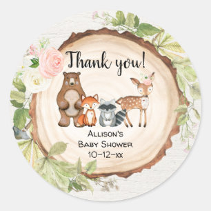 Rustige baby shower van bosbouwhuisdieren ronde sticker