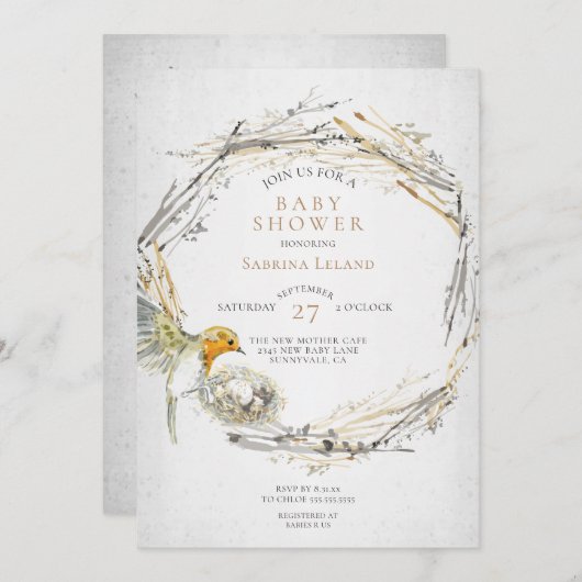 Rustige Baby shower van de Waterverf van vogels en Kaart (Voorkant / Achterkant)